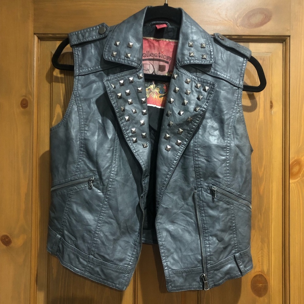 Women’s Gray Leather Vest with Studs